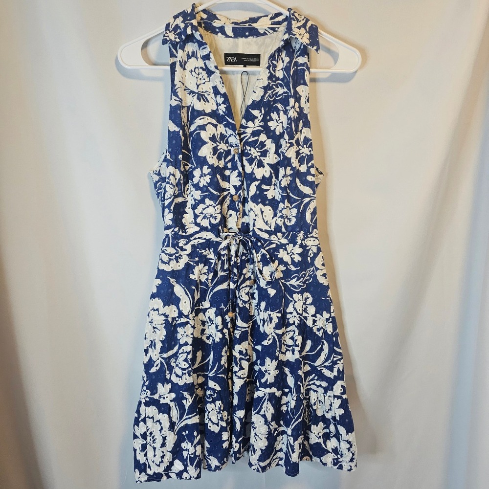 Zara Eyelet Mini Dress Womens XS Blue White Floral Cottagecore Ruffle Cotton